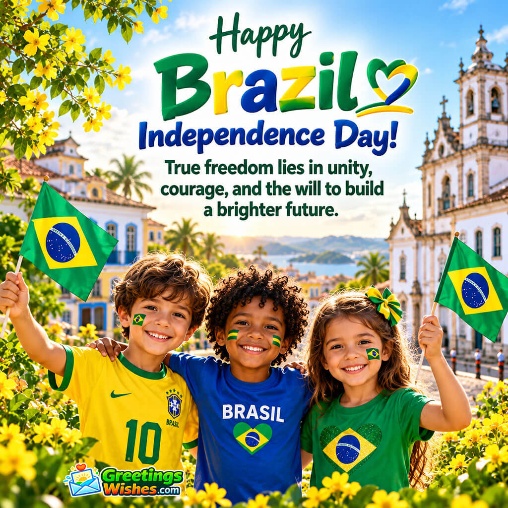 Brazil Independence Day Unity Quote Image featuring joyful children holding Brazilian flags against a colourful historic city backdrop symbolizing unity, courage, national pride, and hope for a brighter future.