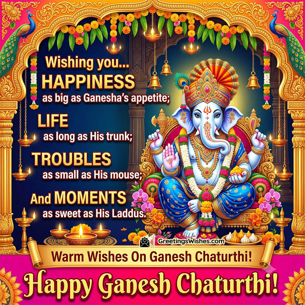 Festive Ganesh Chaturthi Wishes For Friends featuring image symbolising festive joy and friendship through Lord Ganesha in blue robes with modak offerings.