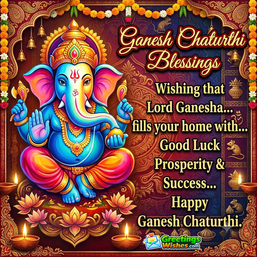 Ganesh Chaturthi Blessings For Family featuring image symbolising family harmony and success through a colorful Lord Ganesha with bright oil lamps.