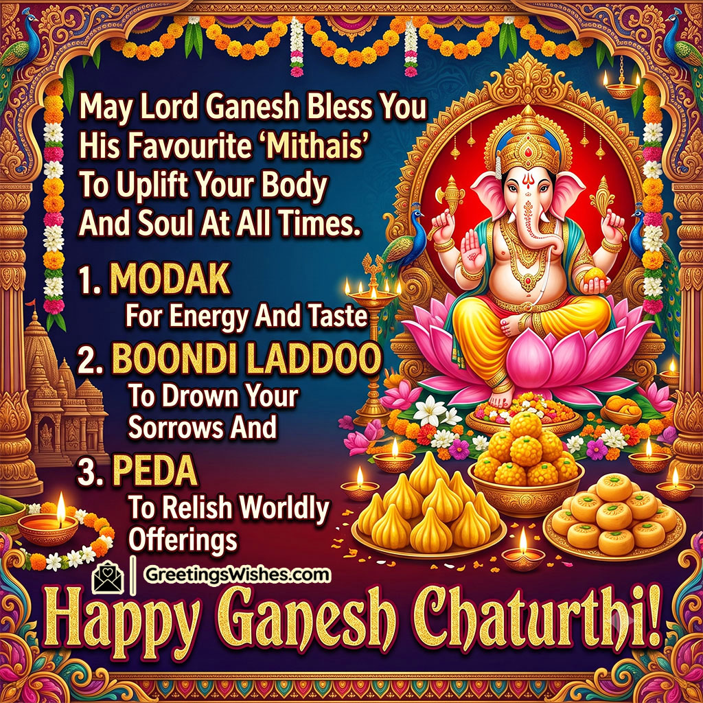 Ganesh Chaturthi Messages Wish Image featuring image symbolising happiness and abundance through Lord Ganesha seated on a lotus surrounded by traditional sweets.