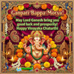 Ganpati Bappa Morya Prosperity Wish Picture featuring image symbolising luck and prosperity through Lord Ganesha adorned with marigold flowers and lit diyas.