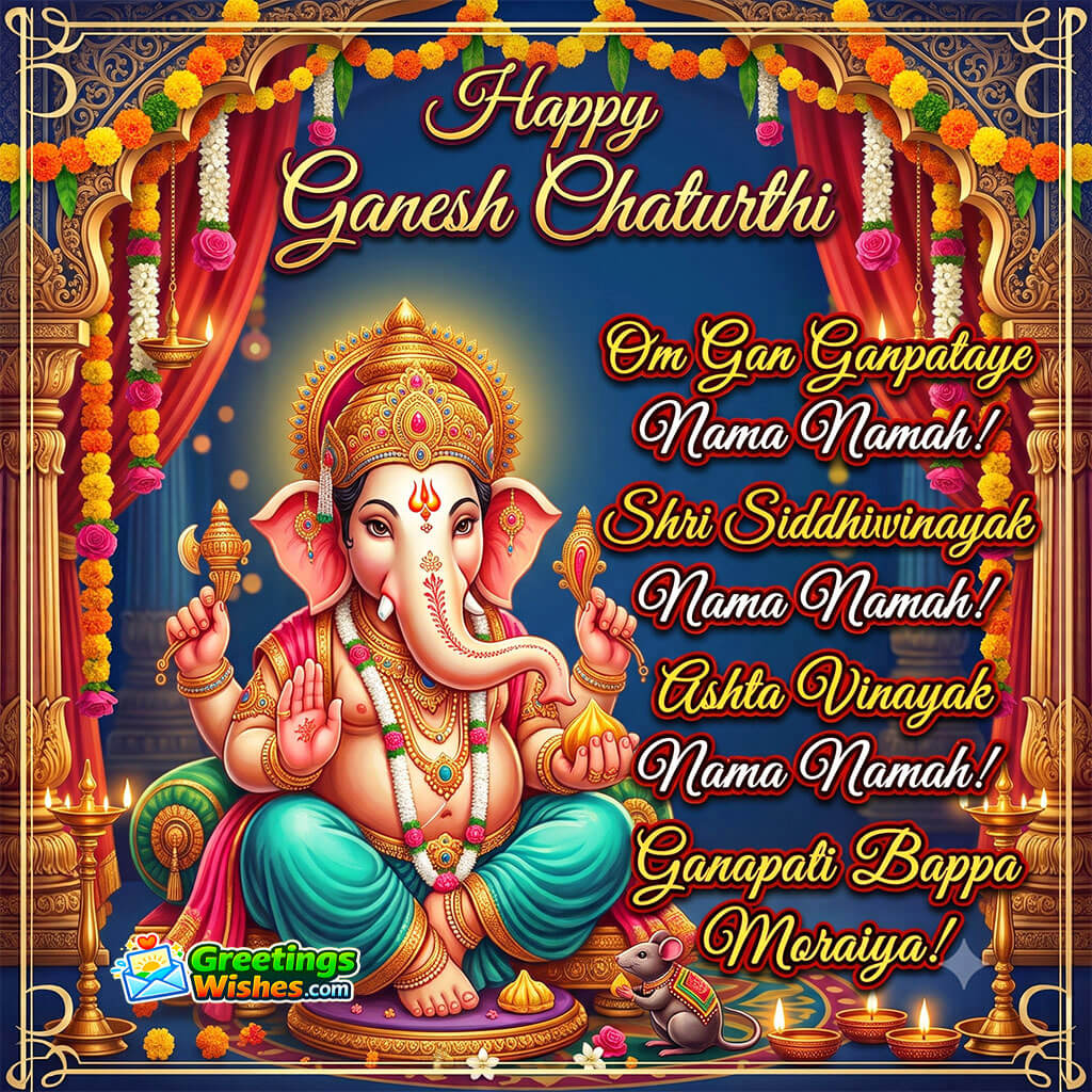 Happy Ganesh Chaturthi Traditional Greetings featuring image symbolising divine devotion through Lord Ganesha seated in a temple mandap with glowing diyas and sacred chants.
