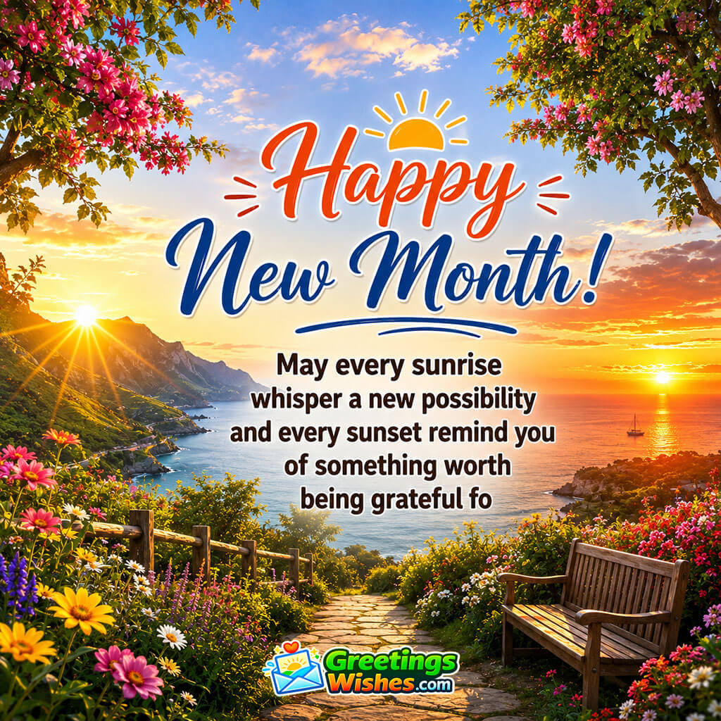 Happy New Month Gratitude and New Possibilities Wish featuring a scenic coastal sunrise, flower-lined pathway, peaceful ocean, distant mountains and a garden bench, symbolising fresh possibilities and appreciation for life's beautiful moments.