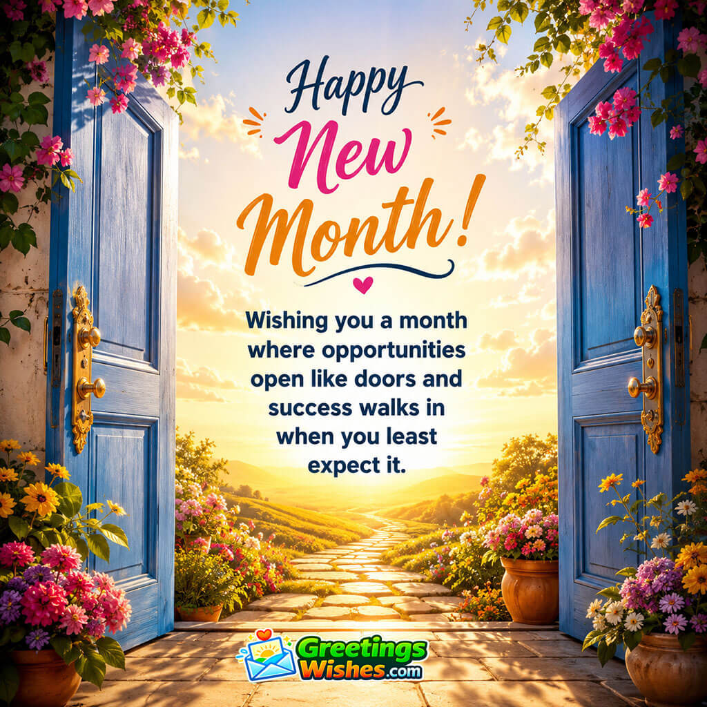 Happy New Month Opportunities and Success Wish featuring elegant blue doors opening toward a glowing sunrise, a beautiful garden path and colourful flowers, symbolising new opportunities and unexpected success.