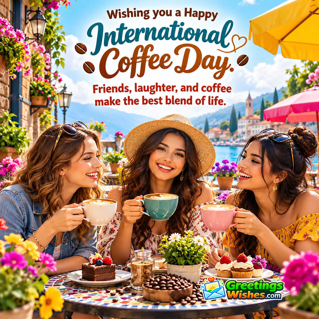 International Coffee Day Greetings For Coffee Lovers featuring three friends enjoying colourful cups of coffee together at a flower-filled outdoor café, symbolising friendship, laughter, togetherness, and the joy of sharing good moments over coffee.