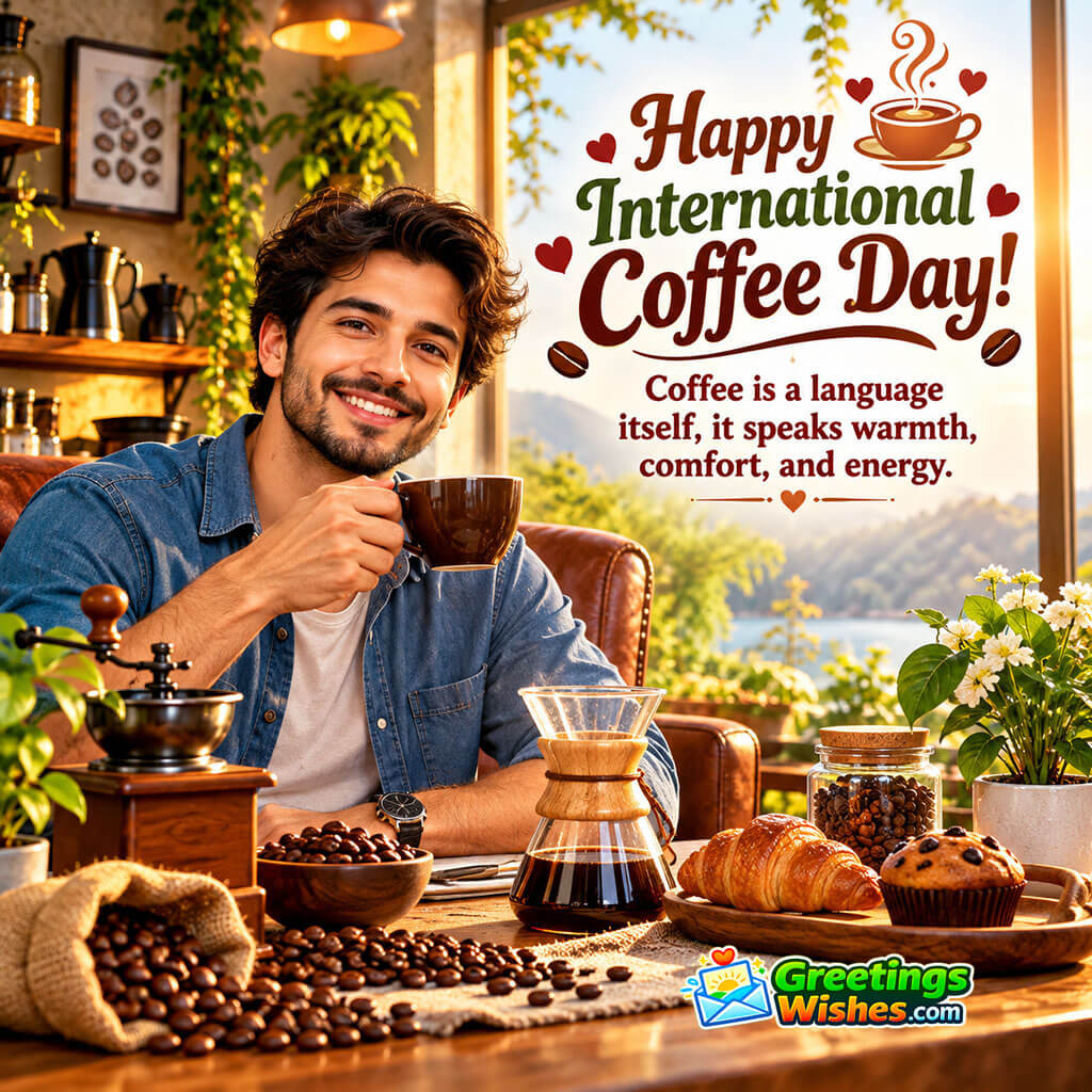 International Coffee Day Quote About Coffee And Comfort featuring a smiling man enjoying coffee in a cosy café surrounded by coffee beans, brewing equipment, pastries, and plants, symbolising warmth, comfort, energy, and the welcoming experience of coffee.