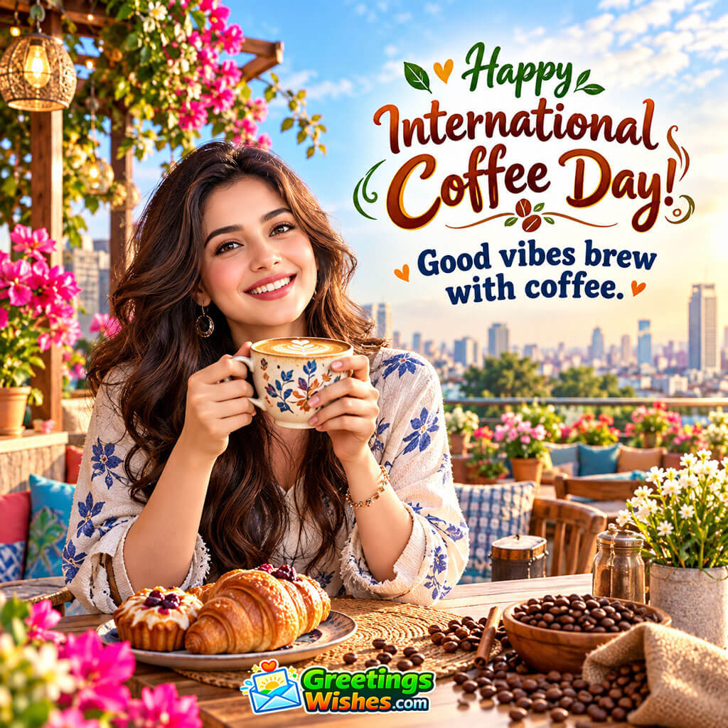 International Coffee Day Status For Good Vibes featuring a smiling woman holding a coffee cup at a bright outdoor café surrounded by flowers, pastries, coffee beans, and a city skyline, symbolising positivity, relaxation, cheerful energy, and enjoyable coffee moments.