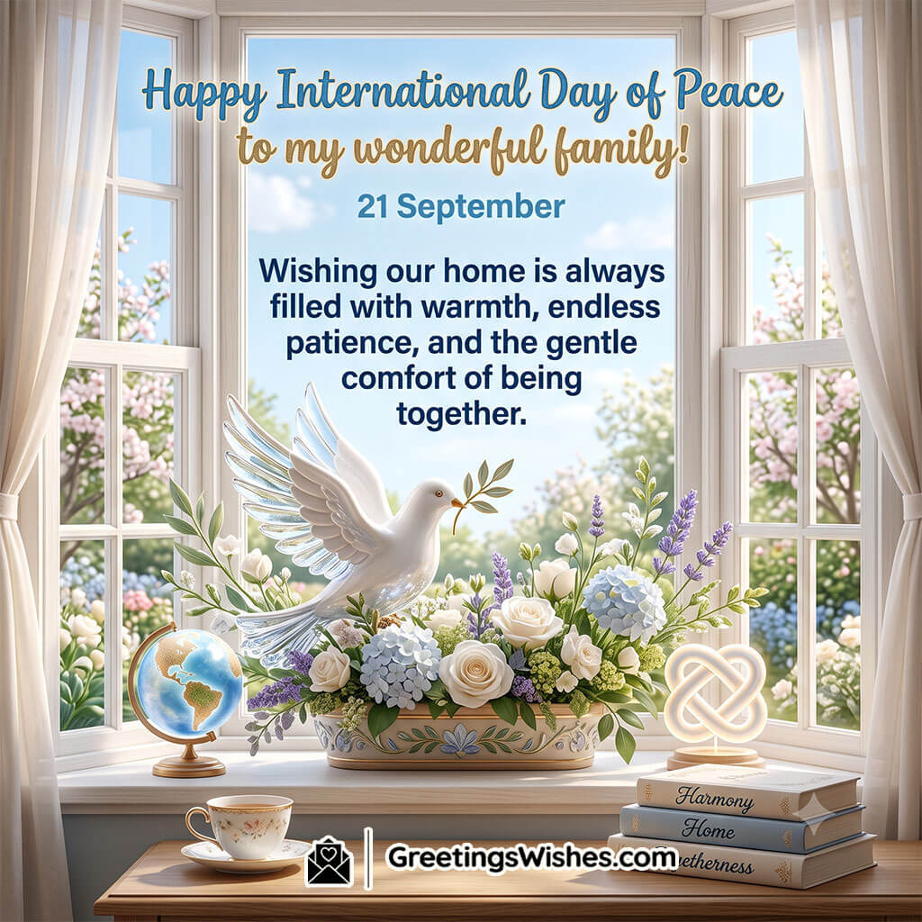 International Day Of Peace Wishes For A Loving Family featuring a peaceful home scene with a white dove, floral arrangement, globe, and symbols of unity, reflecting warmth, comfort, harmony, and the joy of being together.