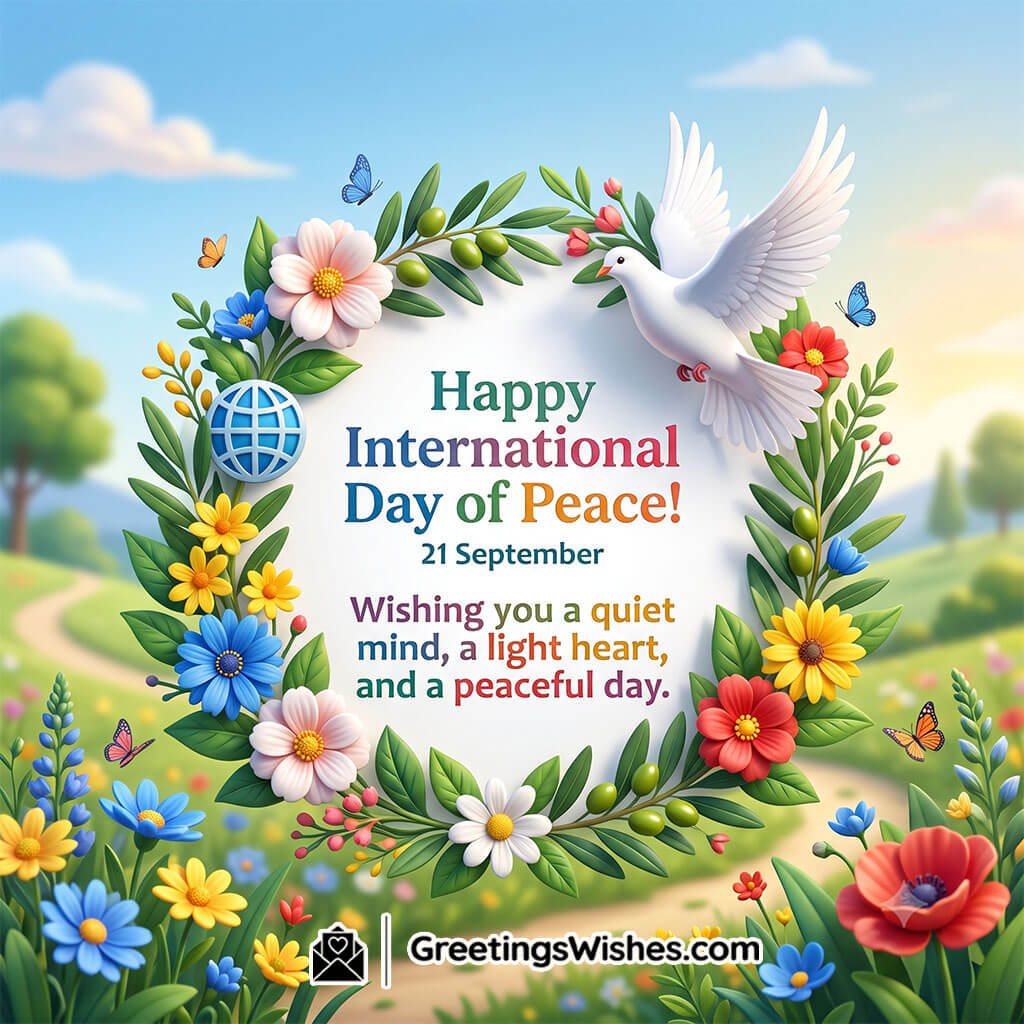 International Day Of Peace Wishes For A Quiet Mind featuring a white dove surrounded by colourful flowers, butterflies, and a peaceful garden setting, symbolising serenity, harmony, hope, and inner calm.