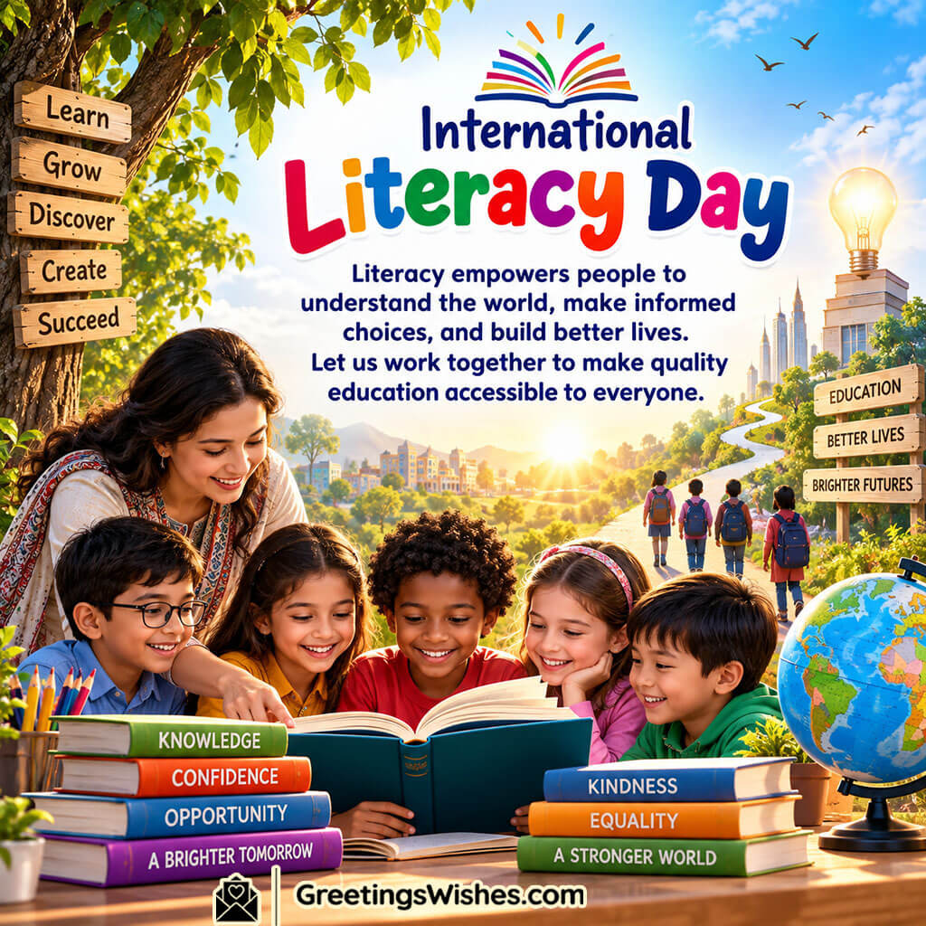 International Literacy Day Message Image featuring a teacher and children reading together, colourful books, a globe, learning signs, and a bright landscape symbolizing education, equality, growth, and better opportunities.