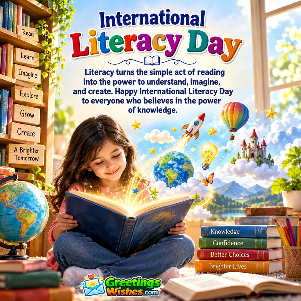 International Literacy Day Quote Image featuring a young girl reading an open book surrounded by bookshelves, a globe, glowing ideas, stars, and imaginative scenes symbolizing learning, creativity, knowledge, and discovery.