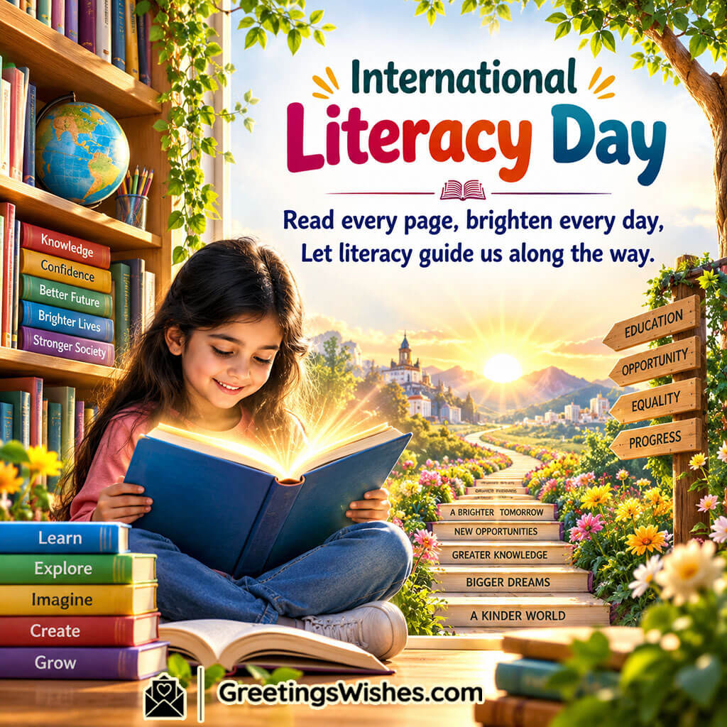 International Literacy Day Slogan Image featuring a child reading beside a bookshelf, colourful books, a sunlit path, flowers, and educational signposts symbolizing literacy, learning, progress, and brighter opportunities.