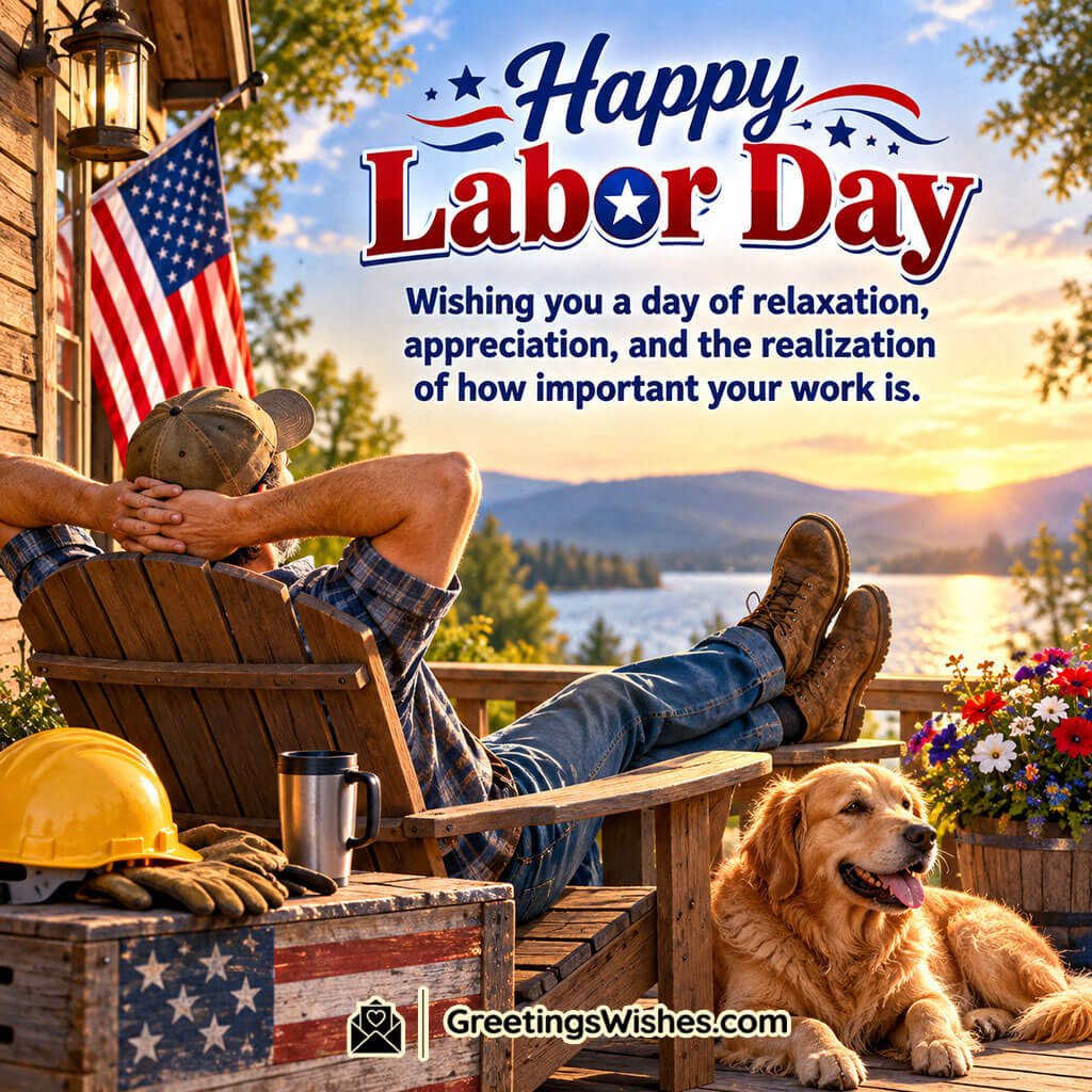 Labor Day Relaxation Wish Image featuring a resting worker, American flag, safety helmet, work gloves, coffee mug, and loyal dog by a peaceful lakeside setting symbolizing appreciation, relaxation, and the value of hard work.