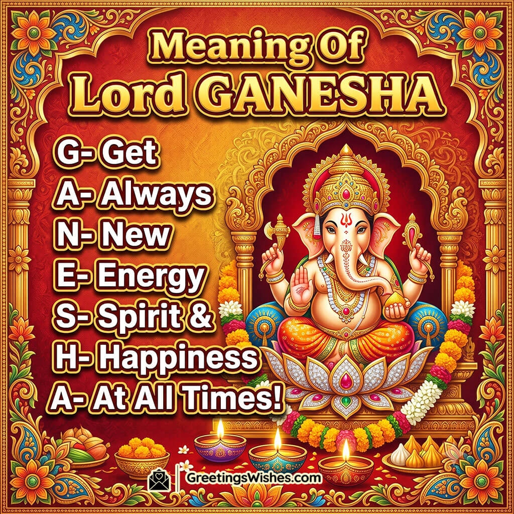Meaning Of Ganesha Status And Quotes featuring image symbolising positive energy and wisdom through Lord Ganesha alongside an acrostic explanation of GANESHA.