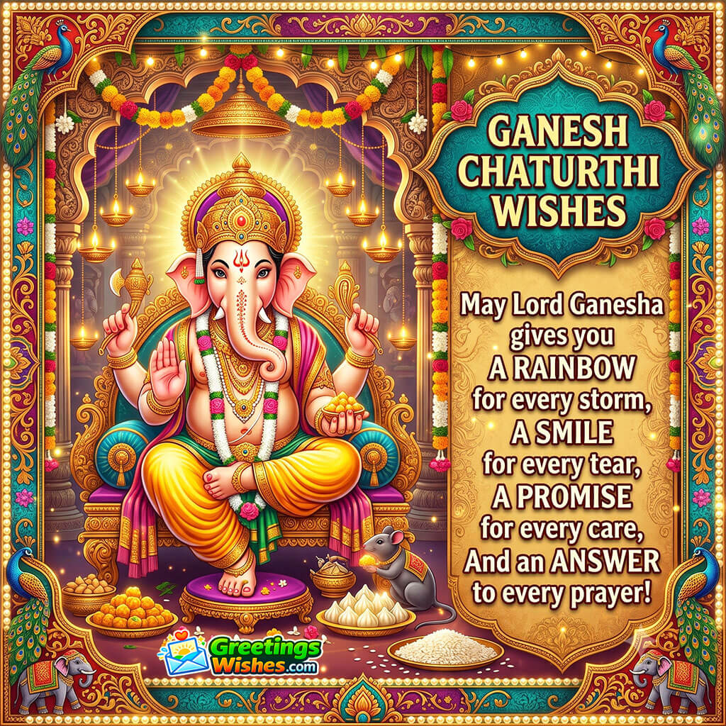 Sacred Ganesh Chaturthi Blessings And Wishes featuring image symbolising hope and prayer through Lord Ganesha on a golden throne with his mouse devotee.