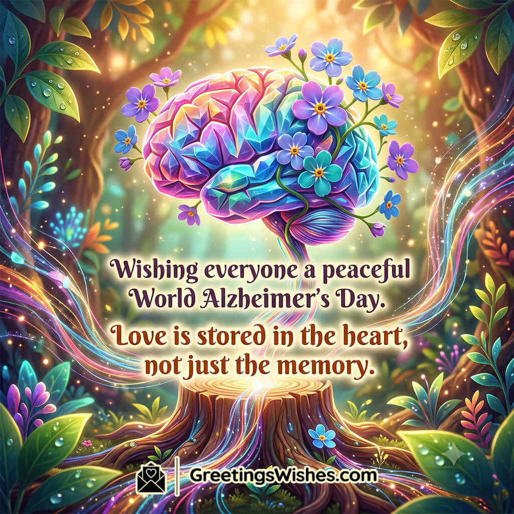Short World Alzheimer’s Day Status For Peace featuring a serene garden setting with an elderly woman and her caregiver sharing a warm, caring moment, symbolising compassion, support, and peaceful wishes.