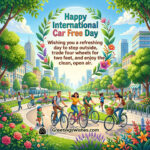 World Car Free Day Wishes For A Refreshing Day featuring a lively green city filled with cyclists, pedestrians, public transport, trees, and colourful flowers, symbolising cleaner air, active living, and enjoying the outdoors without cars.