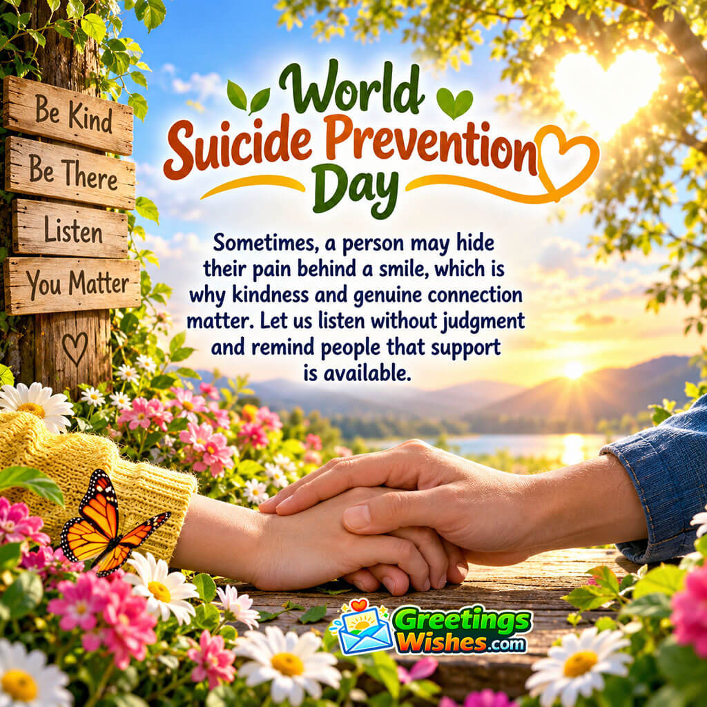 World Suicide Prevention Day Message Image featuring two hands offering comfort, a peaceful lakeside sunrise, colourful flowers, and supportive signs symbolizing kindness, connection, understanding, and emotional support.