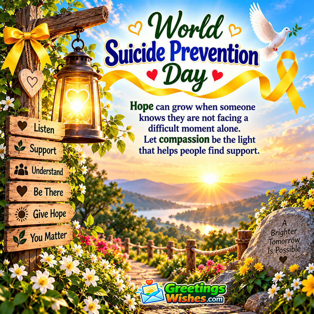World Suicide Prevention Day Quote Image featuring a glowing lantern, yellow awareness ribbon, white dove, peaceful mountain landscape, and messages of support symbolizing hope, compassion, and togetherness.