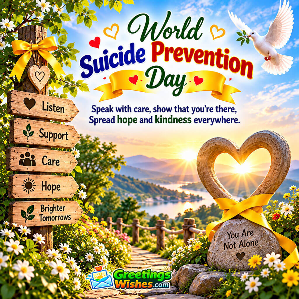World Suicide Prevention Day Slogan Image featuring a heart shaped wooden sculpture, yellow ribbon, white dove, flower filled pathway, and supportive signposts symbolizing care, hope, kindness, and brighter tomorrows.
