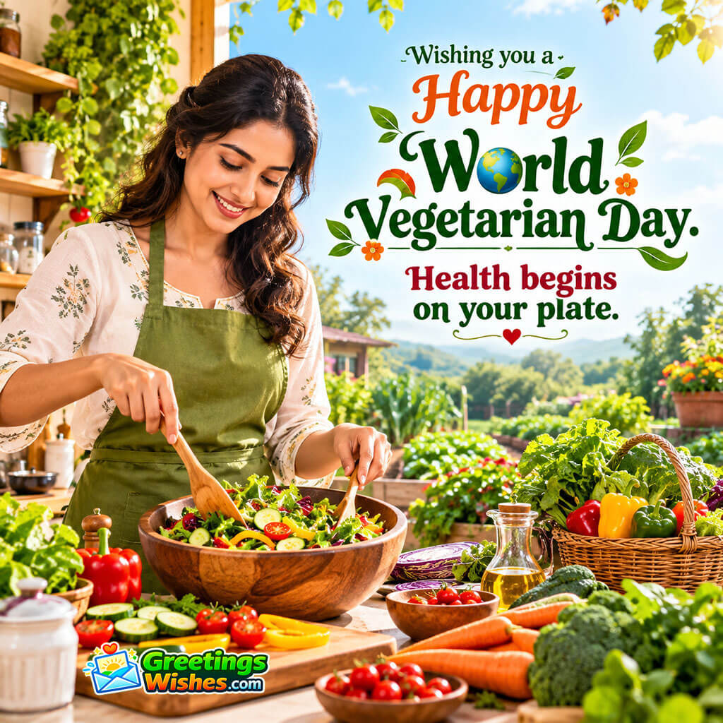 World Vegetarian Day Caption For Healthy Eating featuring a woman preparing a fresh vegetable salad beside baskets of lettuce, tomatoes, peppers, carrots, and broccoli, symbolising nutritious food choices and the importance of a healthy diet.