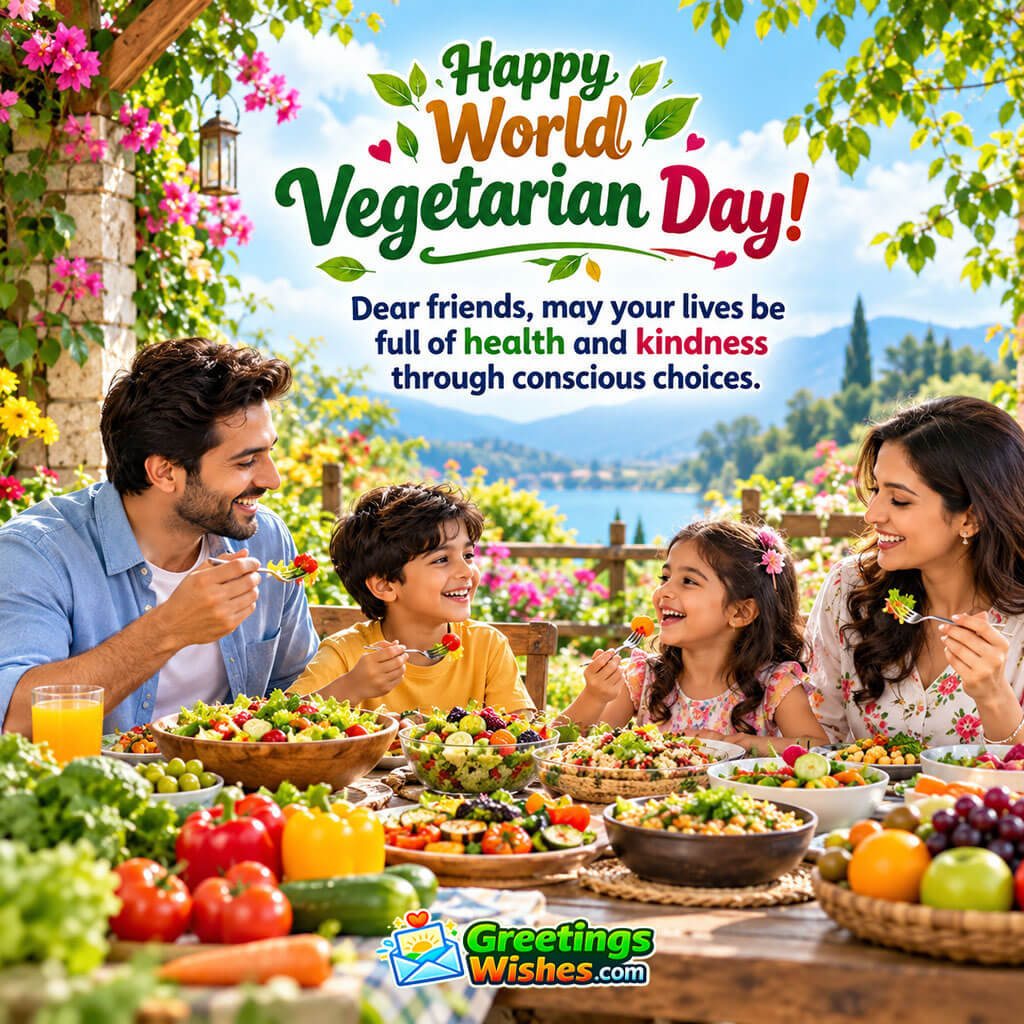 World Vegetarian Day Greetings For Healthy Family Choices featuring parents and two children enjoying colourful salads and fresh vegetables together at an outdoor table, symbolising family togetherness, healthy eating, and conscious choices.