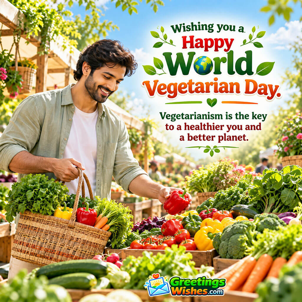 World Vegetarian Day Message For A Healthier You featuring a man selecting fresh vegetables at a colourful market filled with lettuce, peppers, tomatoes, broccoli, carrots, and other produce, symbolising healthy eating and mindful food choices.