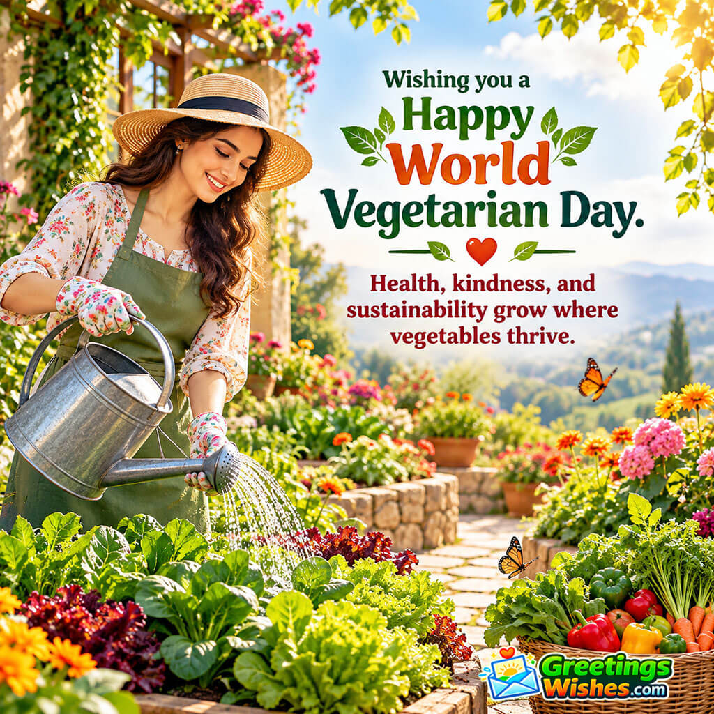 World Vegetarian Day Quote About Health And Sustainability featuring a woman watering leafy vegetables in a colourful garden surrounded by flowers, fresh produce, and butterflies, symbolising healthy living, care for nature, and sustainable food choices.