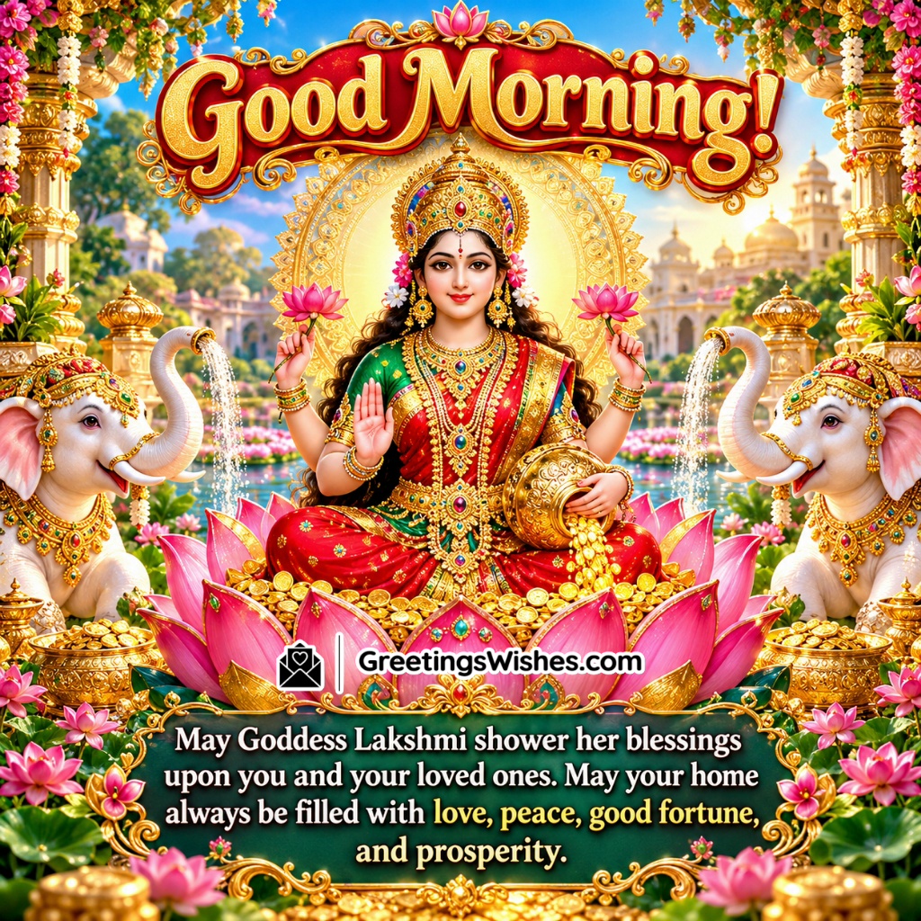 Good Morning Goddess Lakshmi Prosperity Image featuring a golden crown, lotus flowers, white elephants and gold coins symbolising wealth and good fortune.