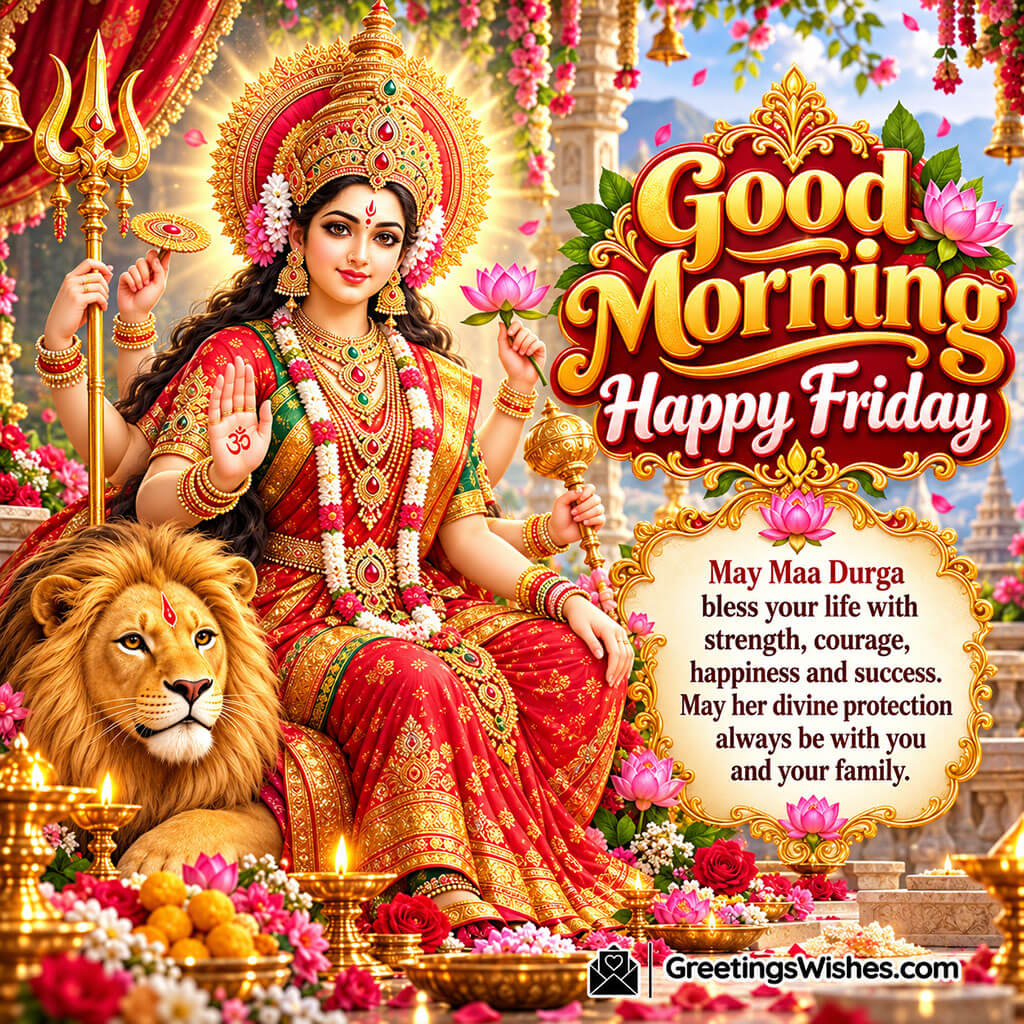 Good Morning Happy Friday Maa Durga Image with Goddess Durga, lion, pink lotus flowers and a blessing message for happiness, courage and success.