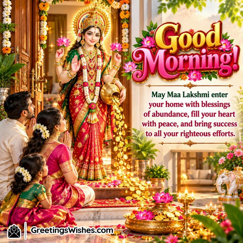 Good Morning Lakshmi Mata Family Blessings Image featuring a praying family, decorated home entrance and golden coins symbolising peace and abundance.