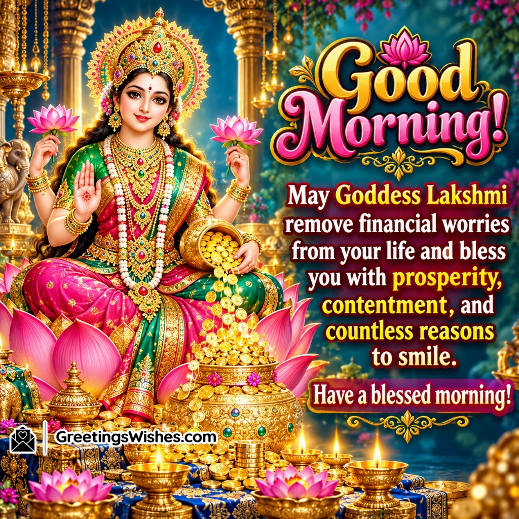 Good Morning Lakshmi Mata Financial Blessings Image featuring a golden pot overflowing with coins, pink lotus flowers and glowing oil lamps symbolising financial peace and prosperity.