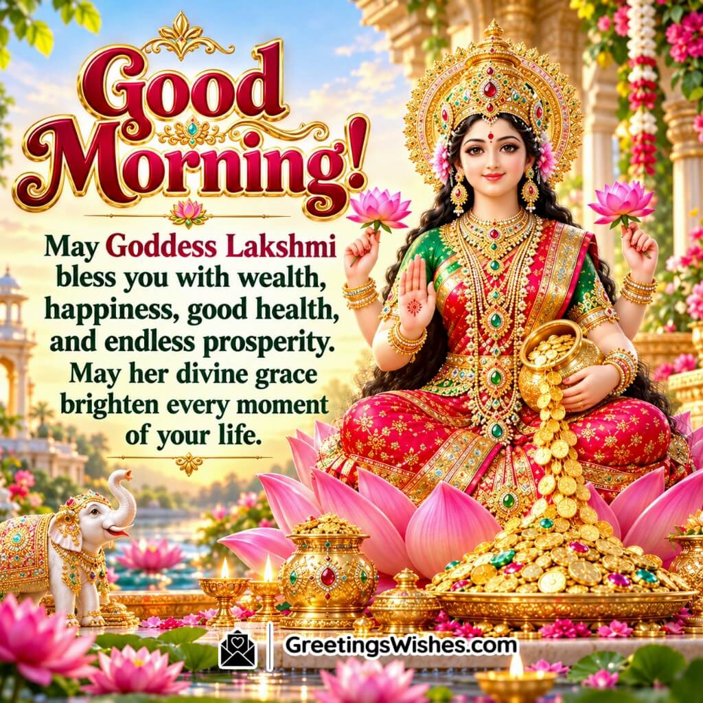 Good Morning Lakshmi Mata Wealth Wishes Image featuring a golden coin pot and pink lotuses symbolising wealth, health and prosperity.