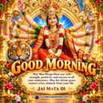 Good Morning Maa Durga Blessings Image with Goddess Durga, tiger, golden temple decorations and a message for strength, positivity and success.