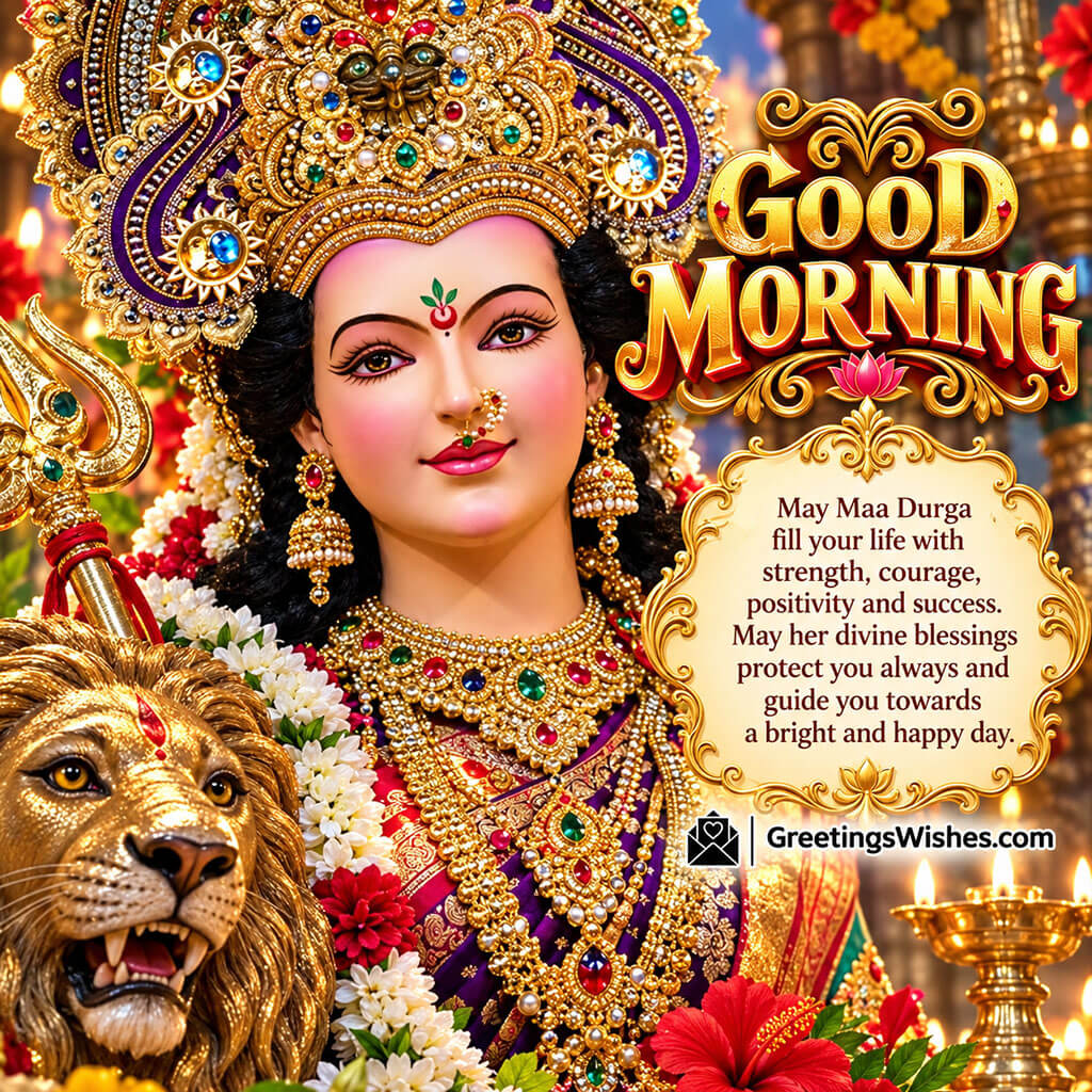 Good Morning Maa Durga Divine Grace Image featuring a close-up of the goddess with a golden crown, lion and a blessing message for strength, courage, positivity and success.