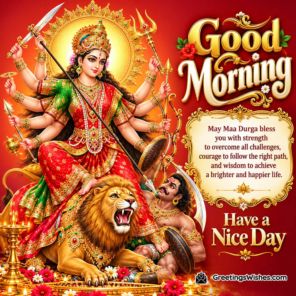 Good Morning Maa Durga Have a Nice Day Image featuring the goddess with multiple arms, a lion and Mahishasura, symbolising divine strength, courage and victory over evil.