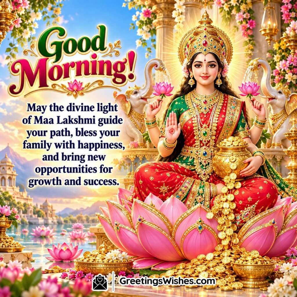 Good Morning Maa Lakshmi Blessings Image featuring Goddess Lakshmi, pink lotus flowers, white elephants and gold coins symbolising happiness and success.