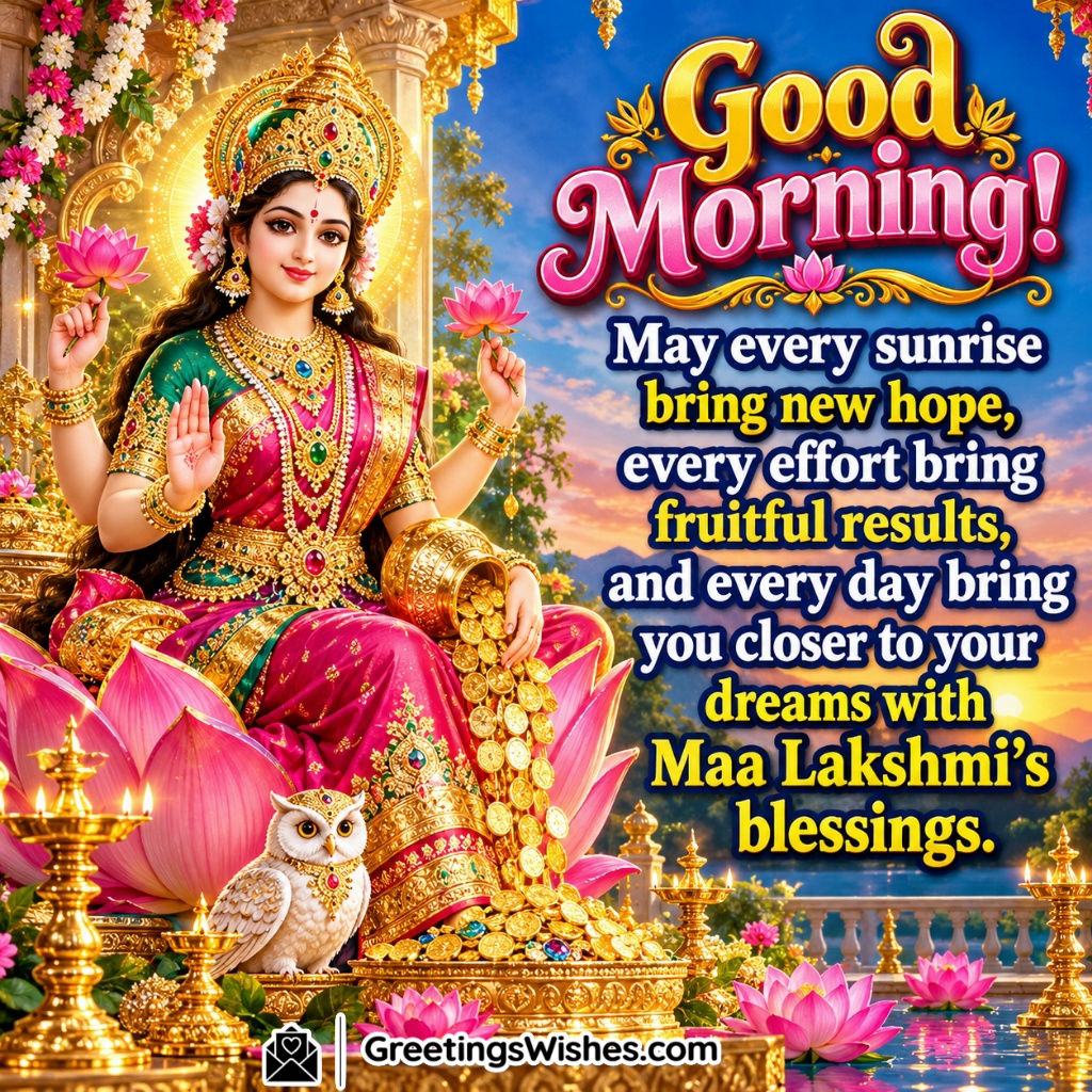 Good Morning Maa Lakshmi Hope and Success Image featuring Goddess Lakshmi, a decorative owl, lotus flowers and glowing lamps symbolising hope and fruitful efforts.