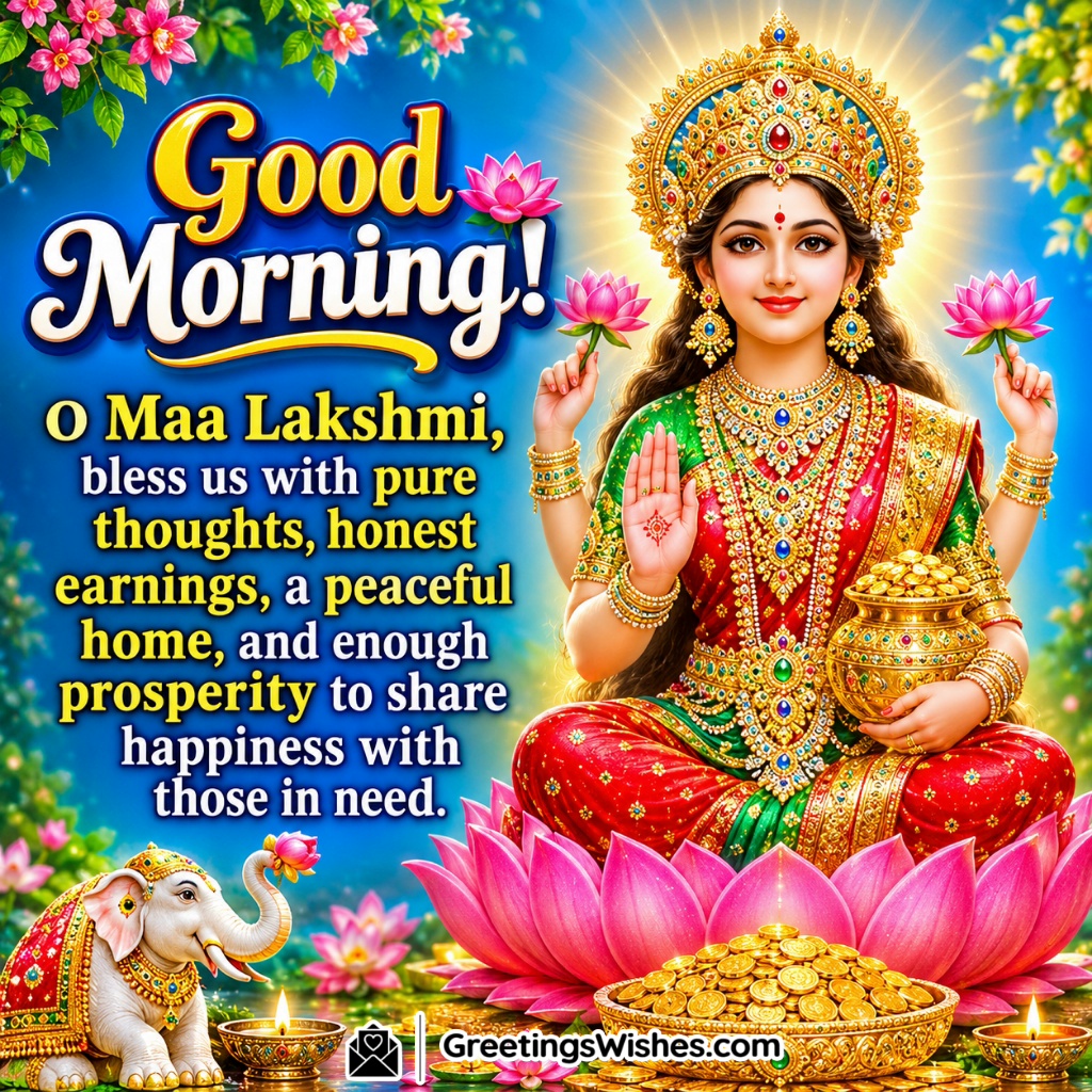 Good Morning Maa Lakshmi Peaceful Status Image featuring Goddess Lakshmi on a pink lotus with a golden coin pot and white elephant symbolising honest earnings and a peaceful home.