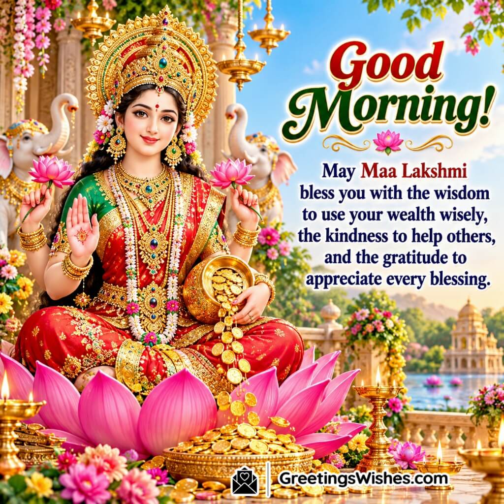 Good Morning Maa Lakshmi Wisdom Blessings Image featuring lotus flowers, golden ornaments and temple elephants symbolising wisdom, kindness and gratitude.