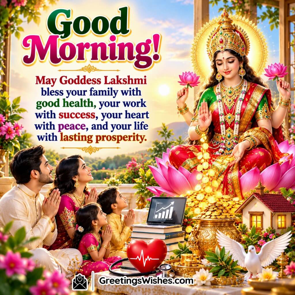 Good Morning Mahalakshmi Blessings For Family featuring a praying family, golden coins, books and a white dove symbolising health, success and lasting prosperity.