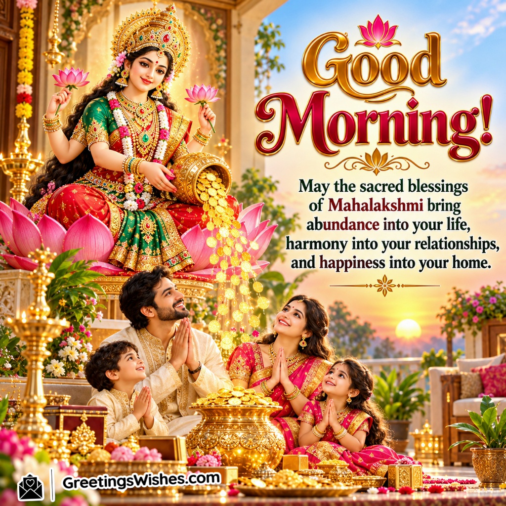 Good Morning Mahalakshmi Family Wishes Image featuring a praying family and golden coins symbolising harmony, abundance and family happiness.