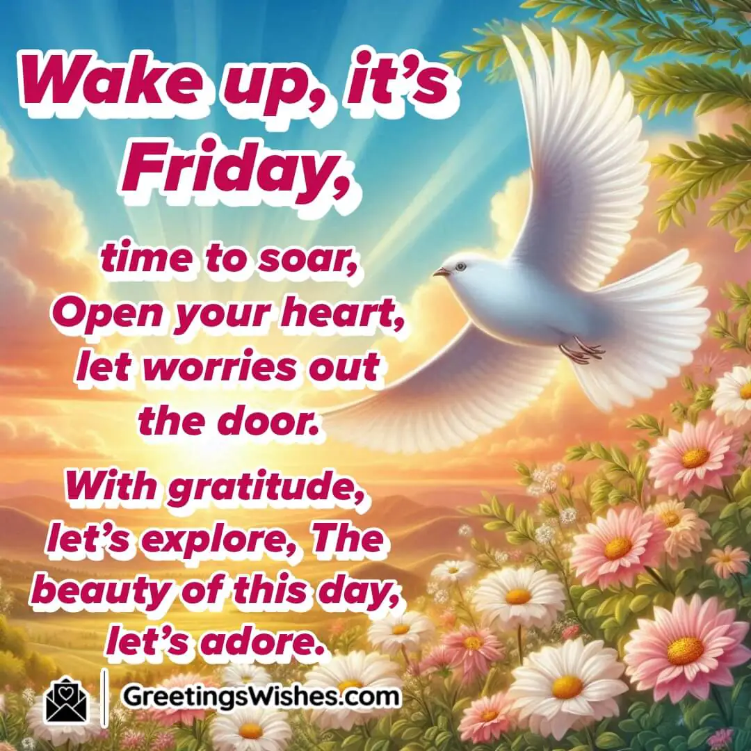 A bright Friday morning with a soaring bird, blooming flowers, and a golden sunrise, symbolizing positivity and new opportunities.