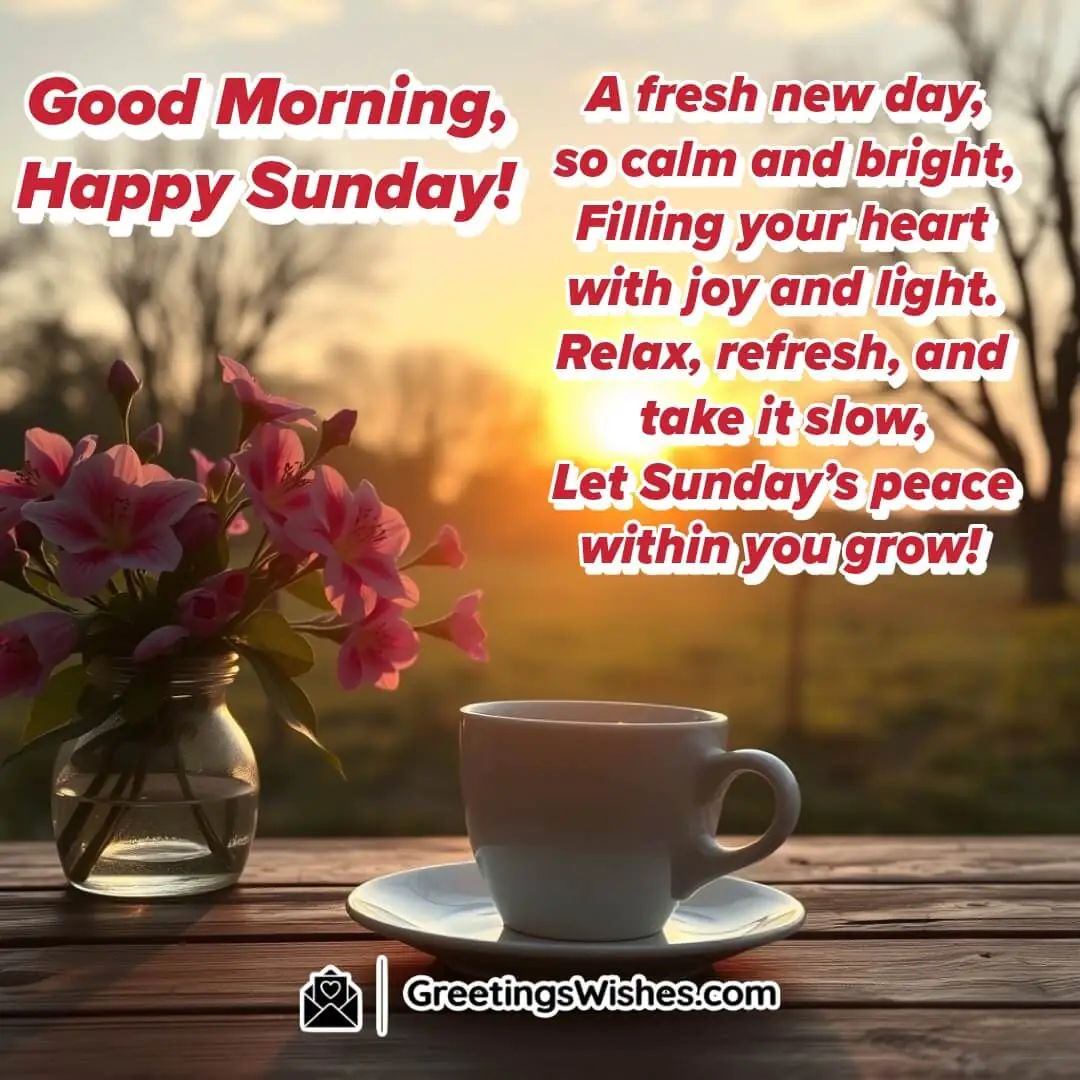 A warm Sunday morning with sunrise, flowers, and coffee, symbolizing peace and joy.