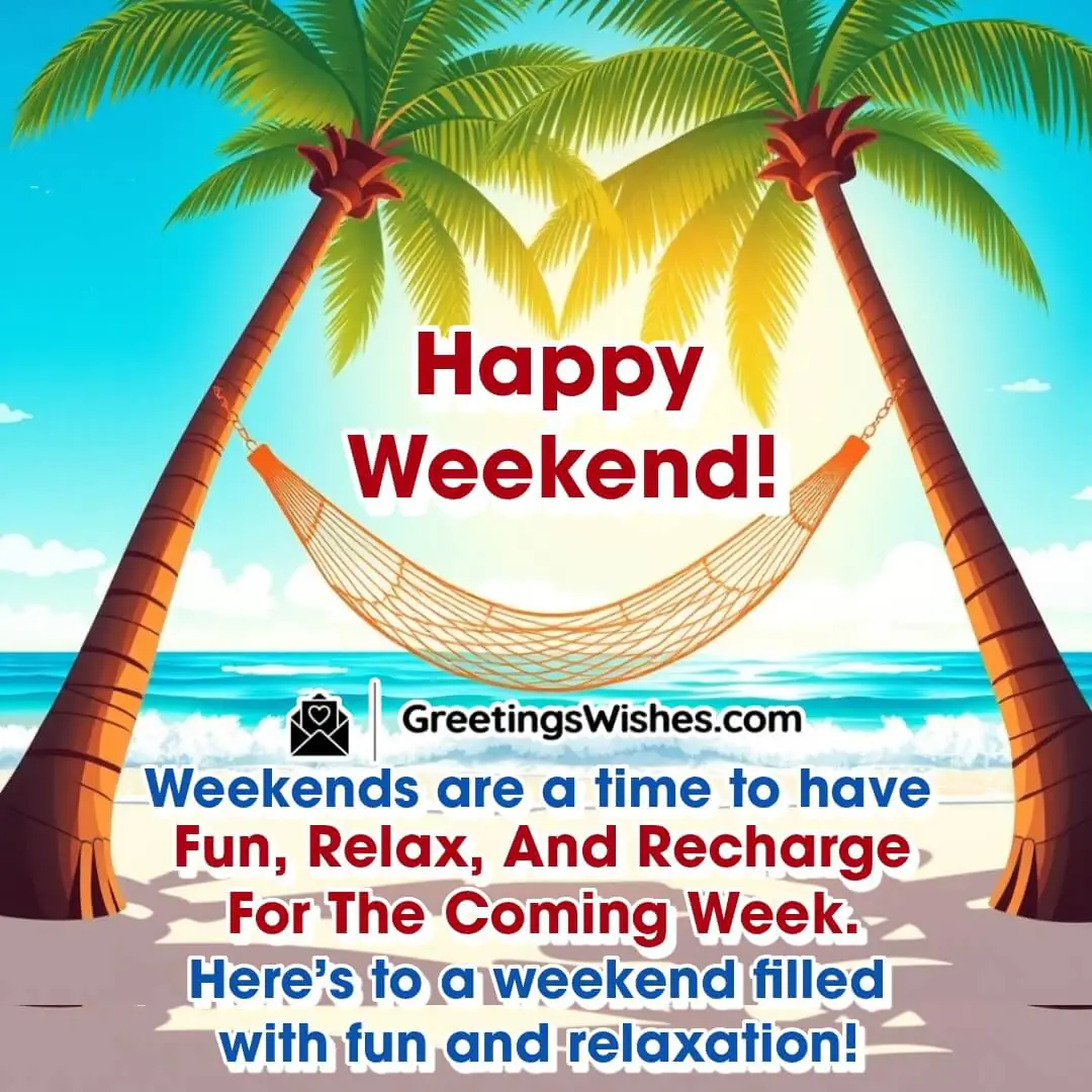 A hammock on a beach with a bright sky and ocean waves, representing a fun and relaxing weekend.
