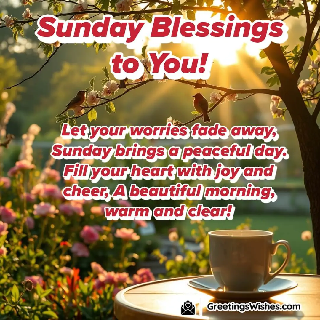 A serene Sunday morning with sunlight, a garden, and birds, symbolizing peace and joy.