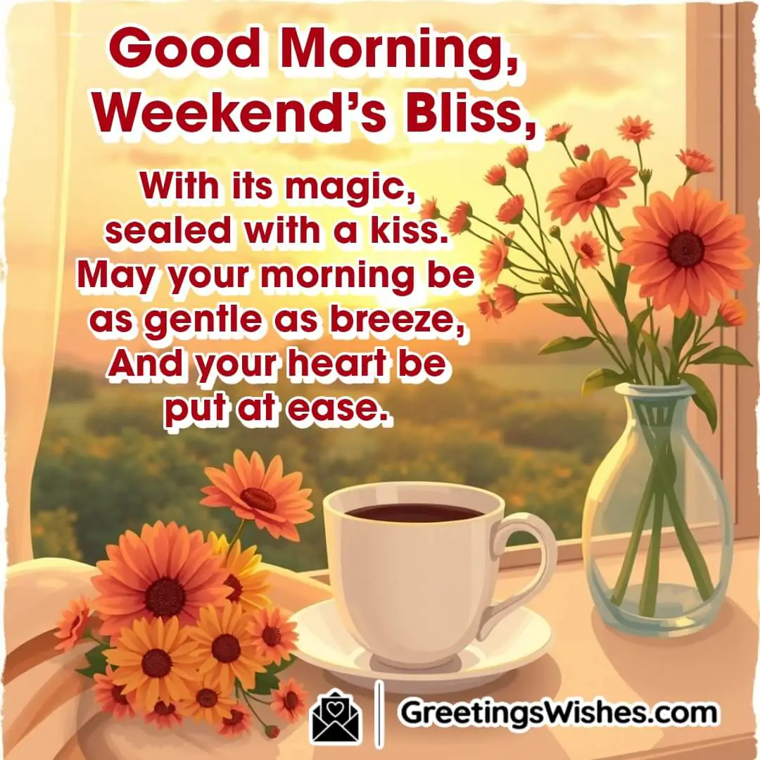A cozy morning scene with coffee and a peaceful sunrise, symbolizing a gentle and relaxing weekend start.