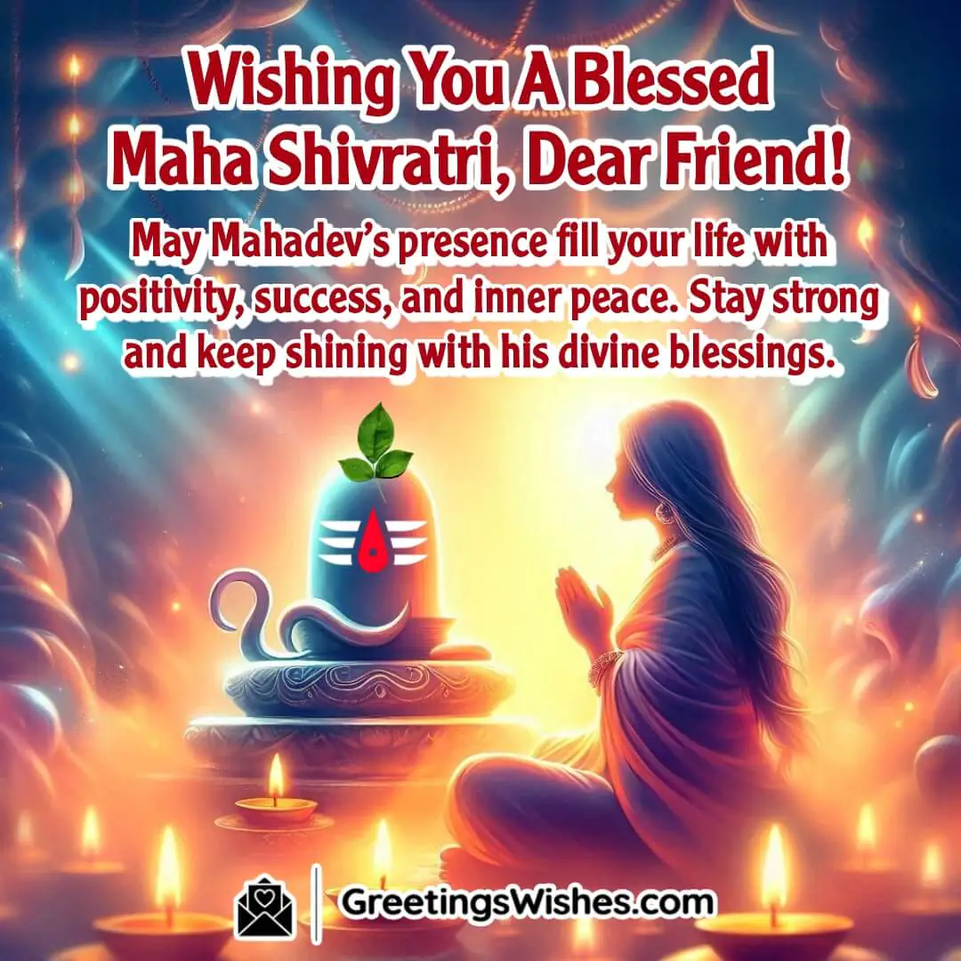 A Shivling adorned with bilva leaves and diyas, representing the spiritual essence of Maha Shivratri Blessings For Friend