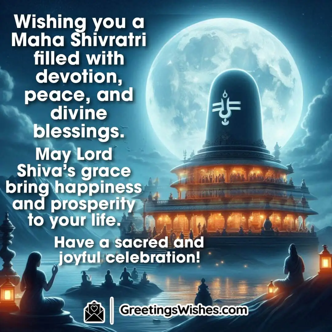 Devotees praying at a temple on Maha Shivratri, with a glowing Shivling under the moonlight.