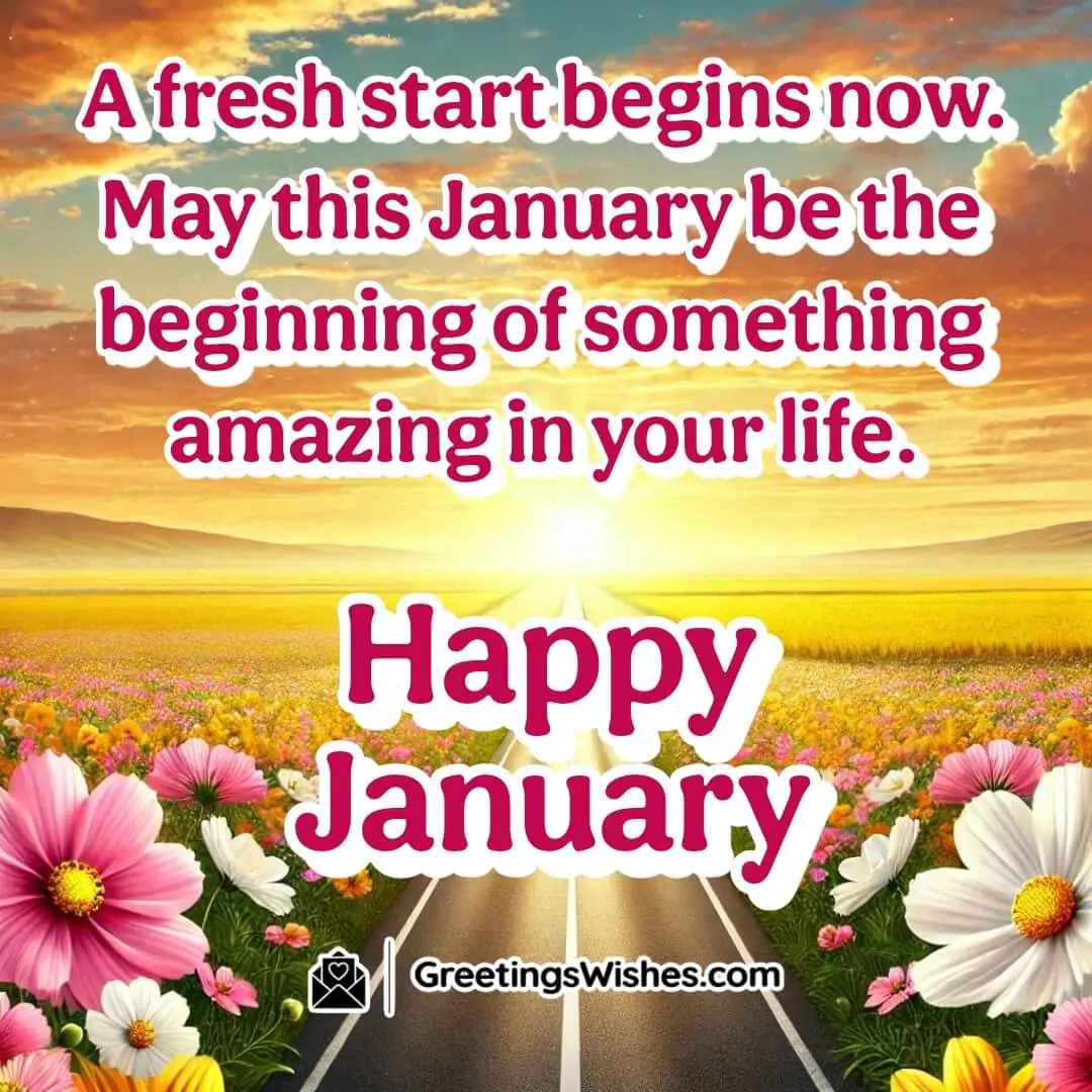 A vibrant scene of an open road with blooming flowers, symbolizing the fresh start and exciting opportunities of January.
